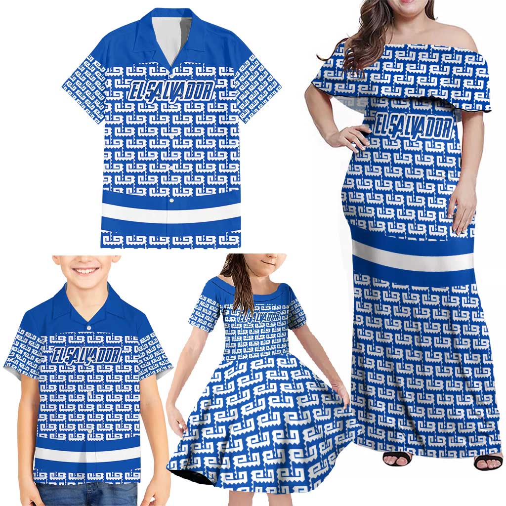 El Salvador Tribal Pattern Family Matching Off Shoulder Maxi Dress and Hawaiian Shirt with National Coat of Arms and Blue White Theme - Wonder Print Shop