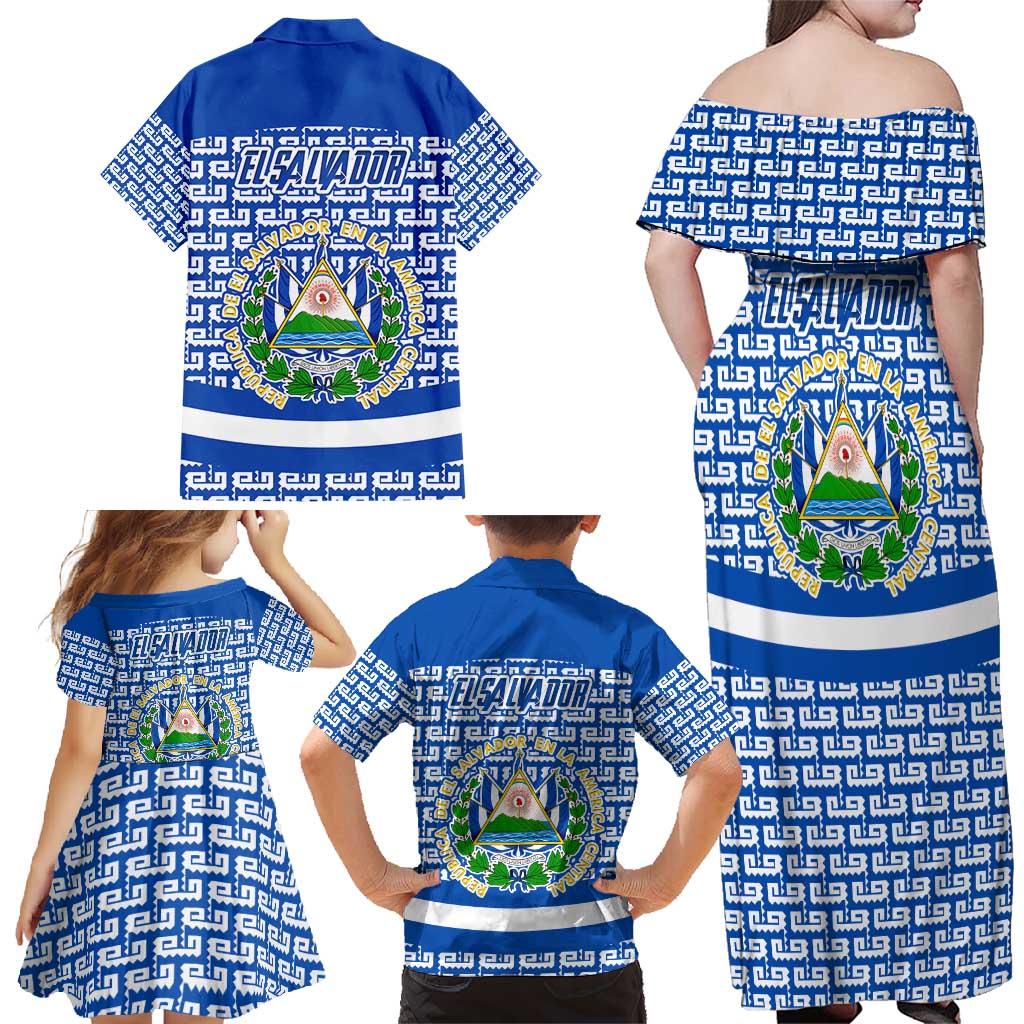 El Salvador Tribal Pattern Family Matching Off Shoulder Maxi Dress and Hawaiian Shirt with National Coat of Arms and Blue White Theme - Wonder Print Shop