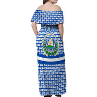El Salvador Tribal Pattern Family Matching Off Shoulder Maxi Dress and Hawaiian Shirt with National Coat of Arms and Blue White Theme - Wonder Print Shop