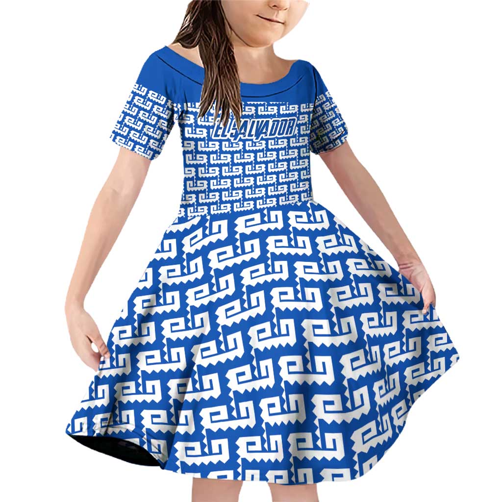 El Salvador Tribal Pattern Family Matching Off Shoulder Short Dress and Hawaiian Shirt with National Coat of Arms and Blue White Theme - Wonder Print Shop
