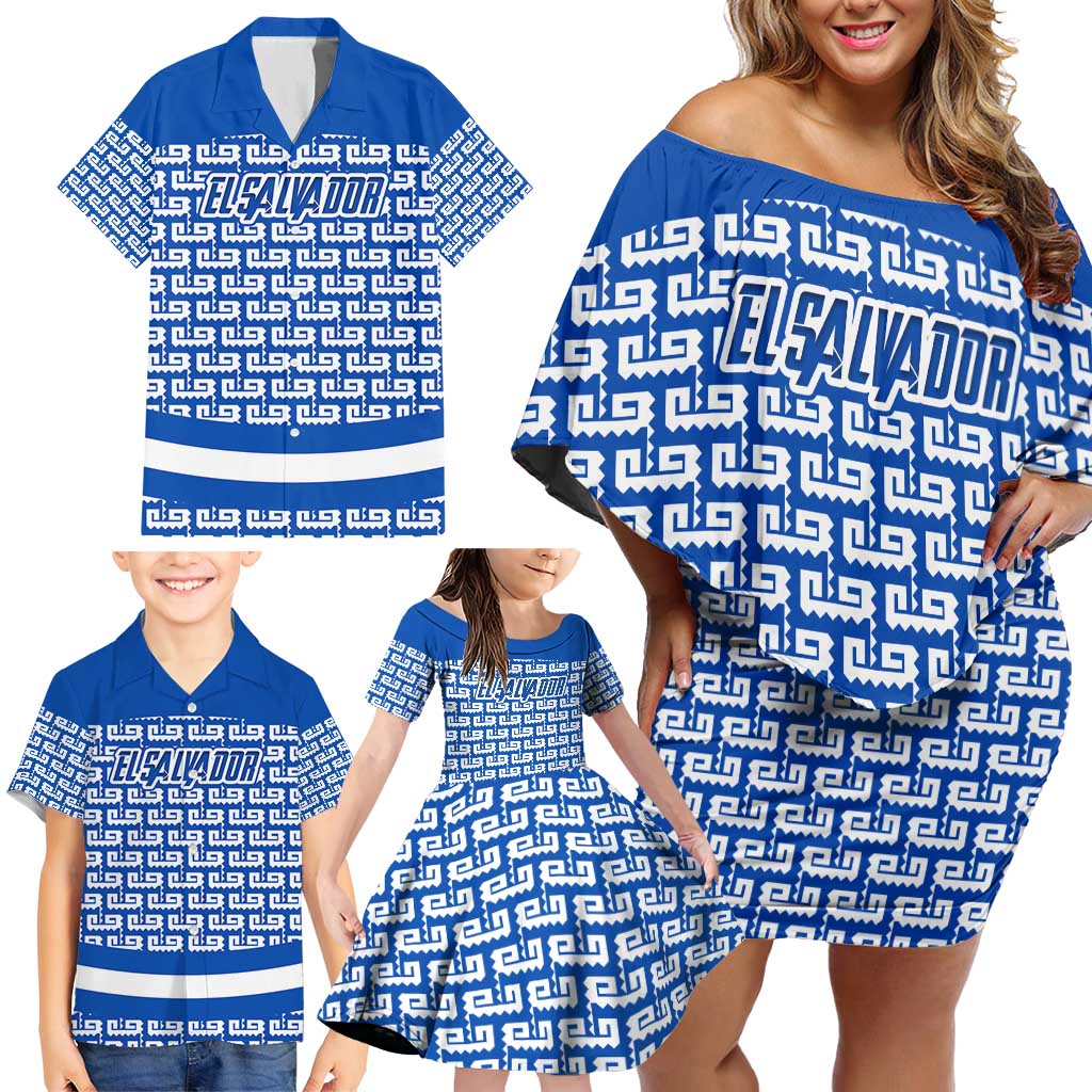 El Salvador Tribal Pattern Family Matching Off Shoulder Short Dress and Hawaiian Shirt with National Coat of Arms and Blue White Theme - Wonder Print Shop