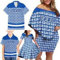 El Salvador Tribal Pattern Family Matching Off Shoulder Short Dress and Hawaiian Shirt with National Coat of Arms and Blue White Theme - Wonder Print Shop