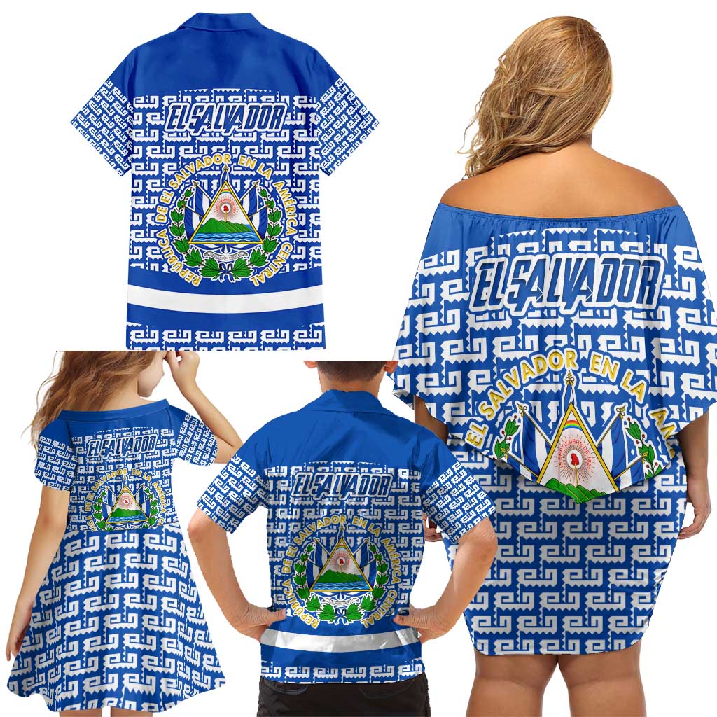 El Salvador Tribal Pattern Family Matching Off Shoulder Short Dress and Hawaiian Shirt with National Coat of Arms and Blue White Theme - Wonder Print Shop