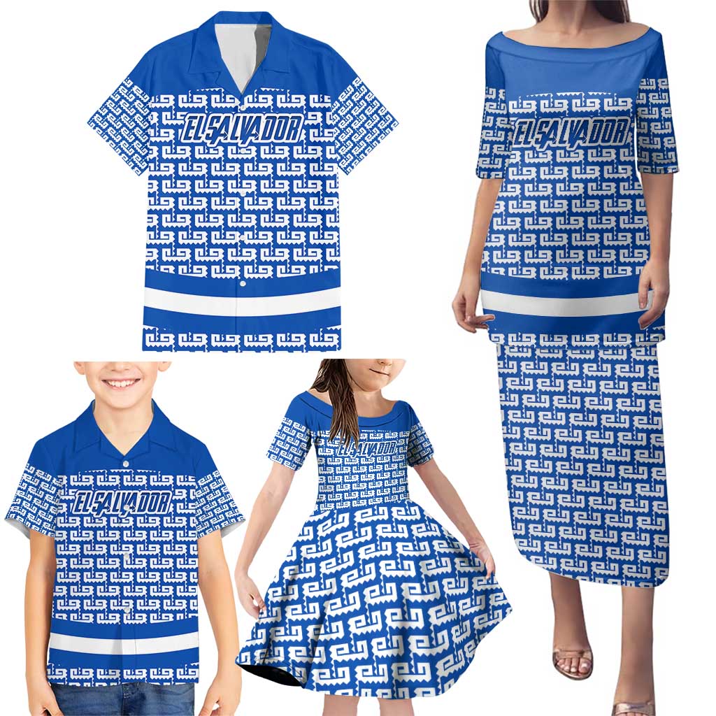 El Salvador Tribal Pattern Family Matching Puletasi and Hawaiian Shirt with National Coat of Arms and Blue White Theme - Wonder Print Shop