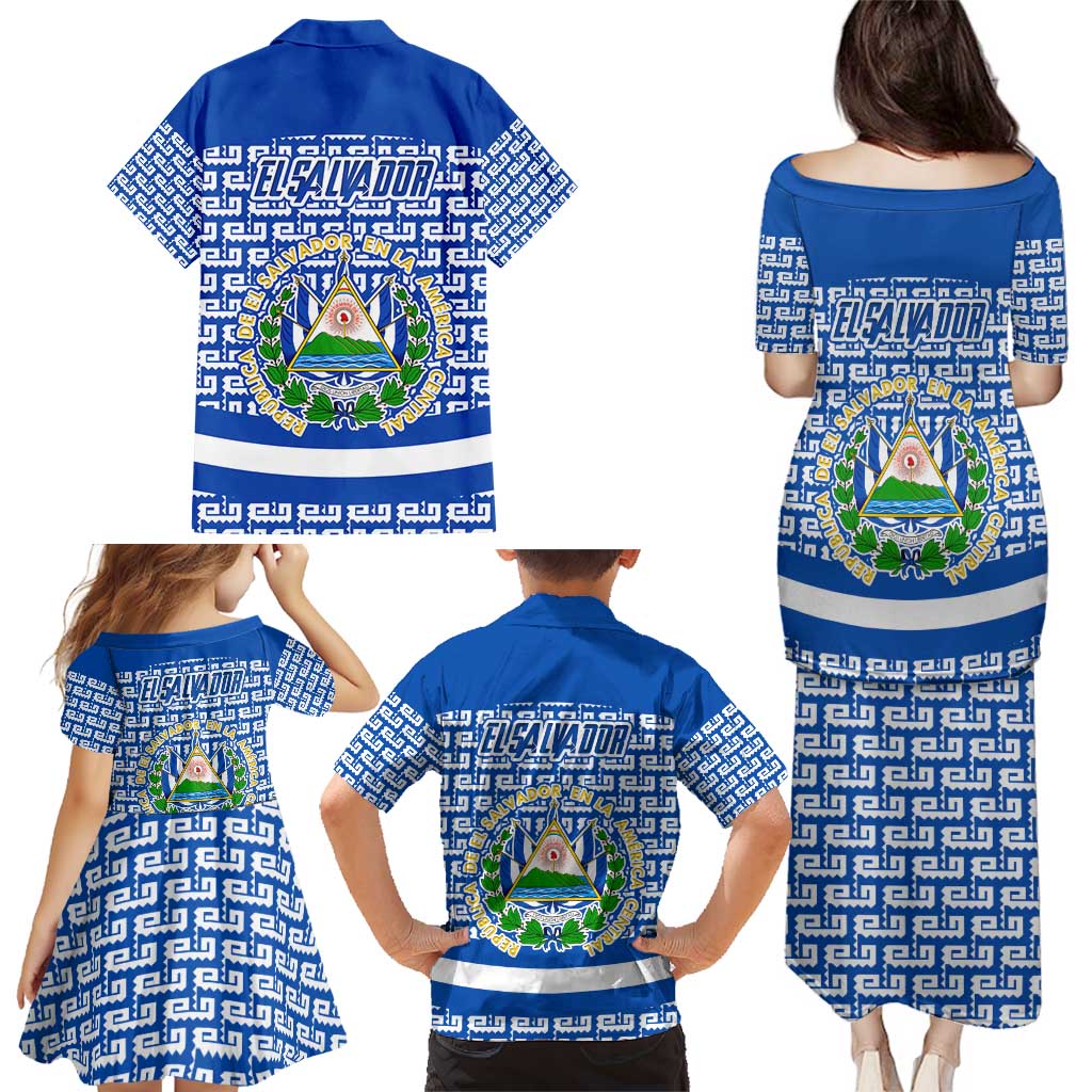 El Salvador Tribal Pattern Family Matching Puletasi and Hawaiian Shirt with National Coat of Arms and Blue White Theme - Wonder Print Shop