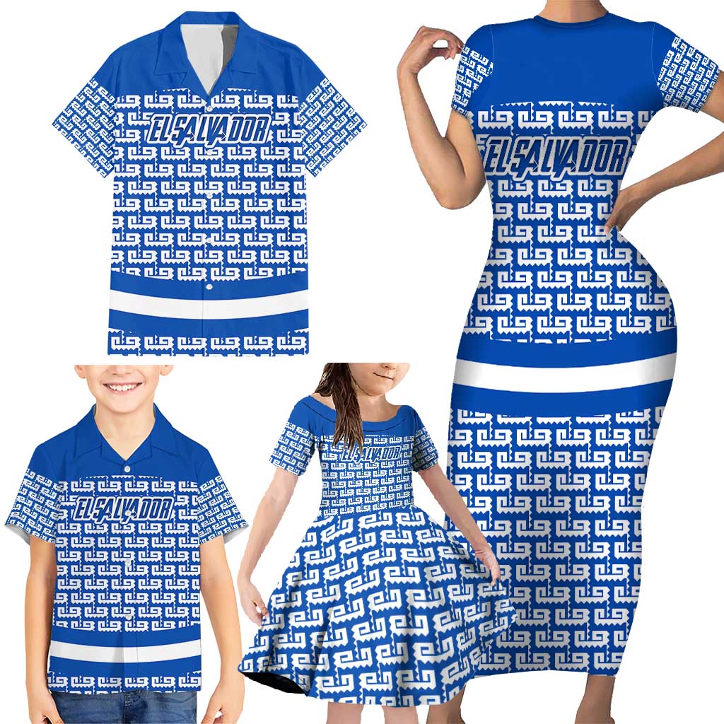 El Salvador Tribal Pattern Family Matching Short Sleeve Bodycon Dress and Hawaiian Shirt with National Coat of Arms and Blue White Theme - Wonder Print Shop