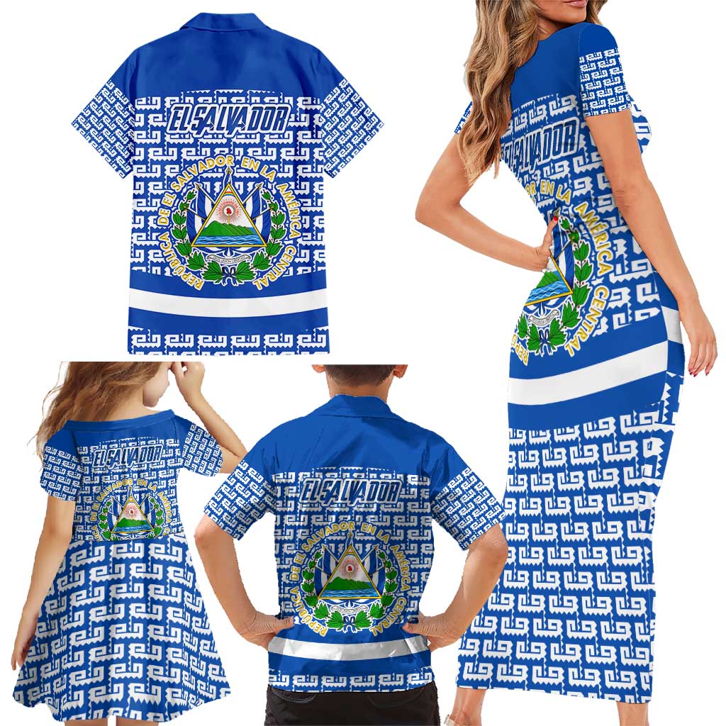 El Salvador Tribal Pattern Family Matching Short Sleeve Bodycon Dress and Hawaiian Shirt with National Coat of Arms and Blue White Theme - Wonder Print Shop