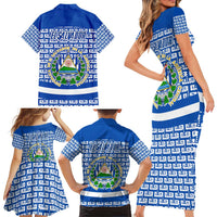 El Salvador Tribal Pattern Family Matching Short Sleeve Bodycon Dress and Hawaiian Shirt with National Coat of Arms and Blue White Theme - Wonder Print Shop