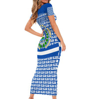 El Salvador Tribal Pattern Family Matching Short Sleeve Bodycon Dress and Hawaiian Shirt with National Coat of Arms and Blue White Theme - Wonder Print Shop