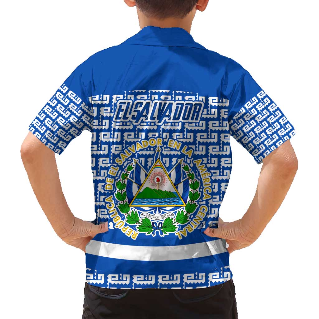 El Salvador Tribal Pattern Family Matching Summer Maxi Dress and Hawaiian Shirt with National Coat of Arms and Blue White Theme - Wonder Print Shop