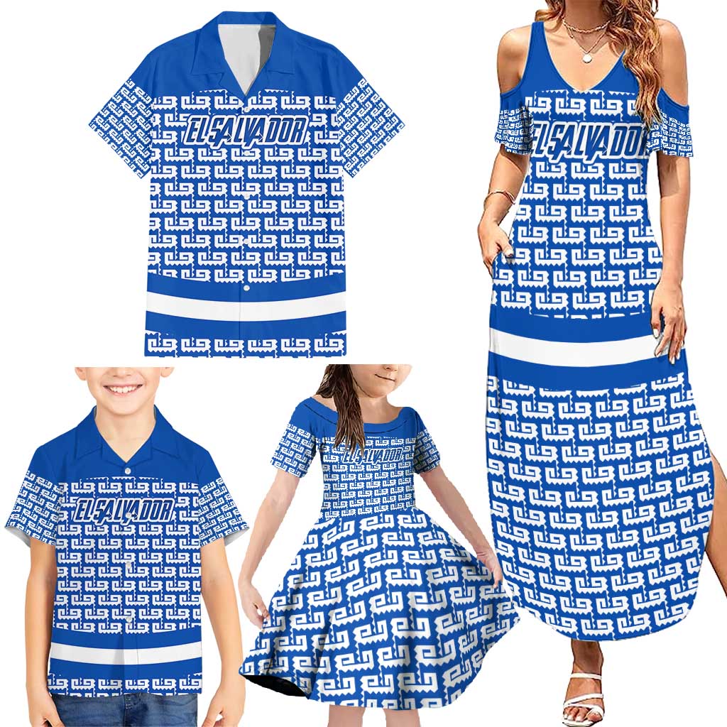 El Salvador Tribal Pattern Family Matching Summer Maxi Dress and Hawaiian Shirt with National Coat of Arms and Blue White Theme - Wonder Print Shop