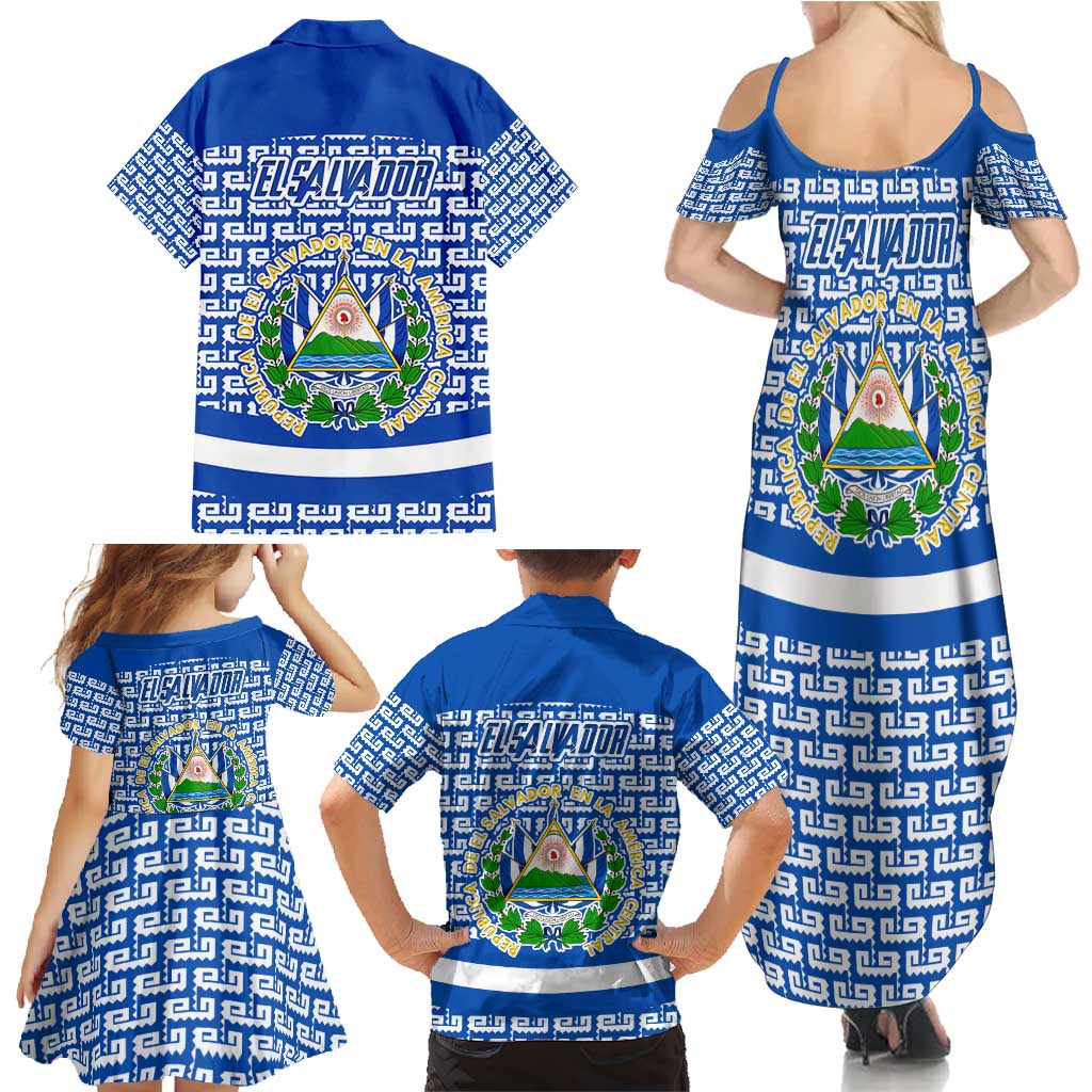 El Salvador Tribal Pattern Family Matching Summer Maxi Dress and Hawaiian Shirt with National Coat of Arms and Blue White Theme - Wonder Print Shop