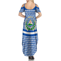 El Salvador Tribal Pattern Family Matching Summer Maxi Dress and Hawaiian Shirt with National Coat of Arms and Blue White Theme - Wonder Print Shop