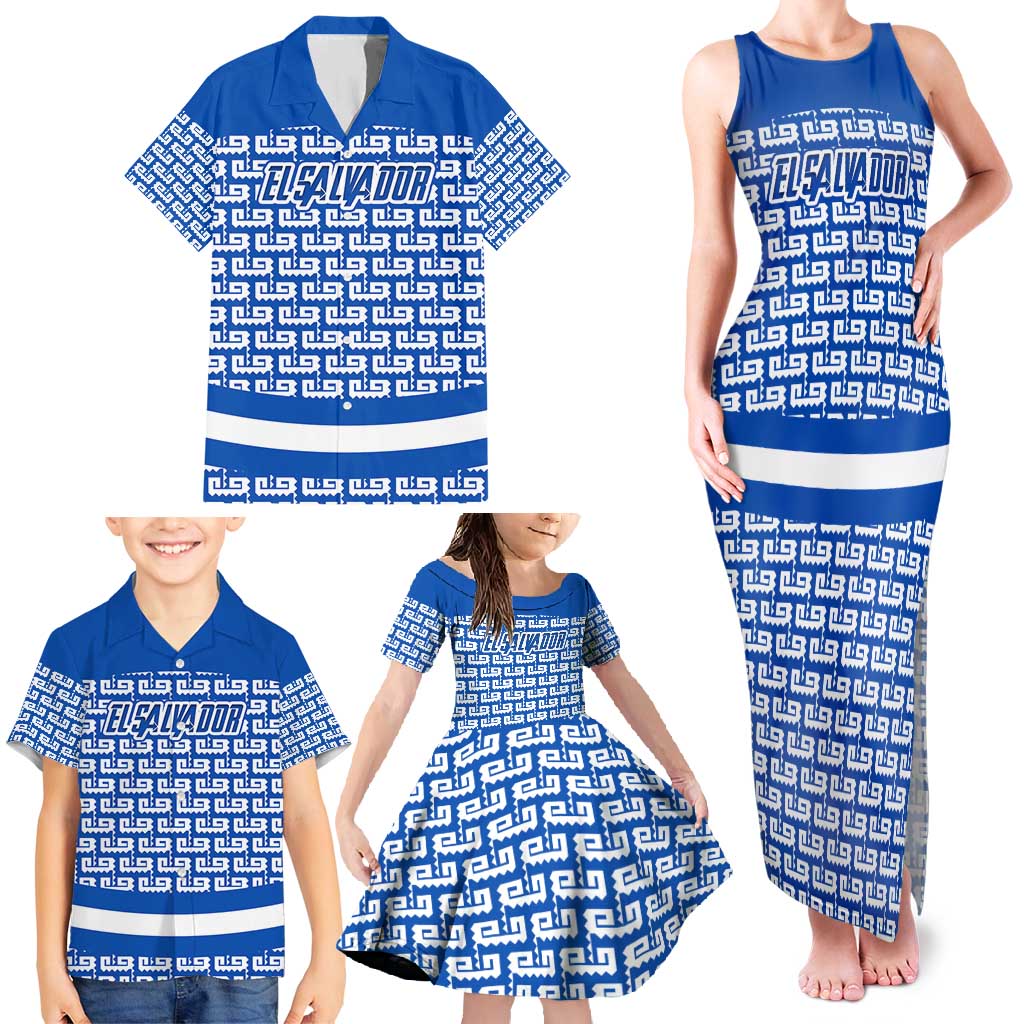 El Salvador Tribal Pattern Family Matching Tank Maxi Dress and Hawaiian Shirt with National Coat of Arms and Blue White Theme - Wonder Print Shop