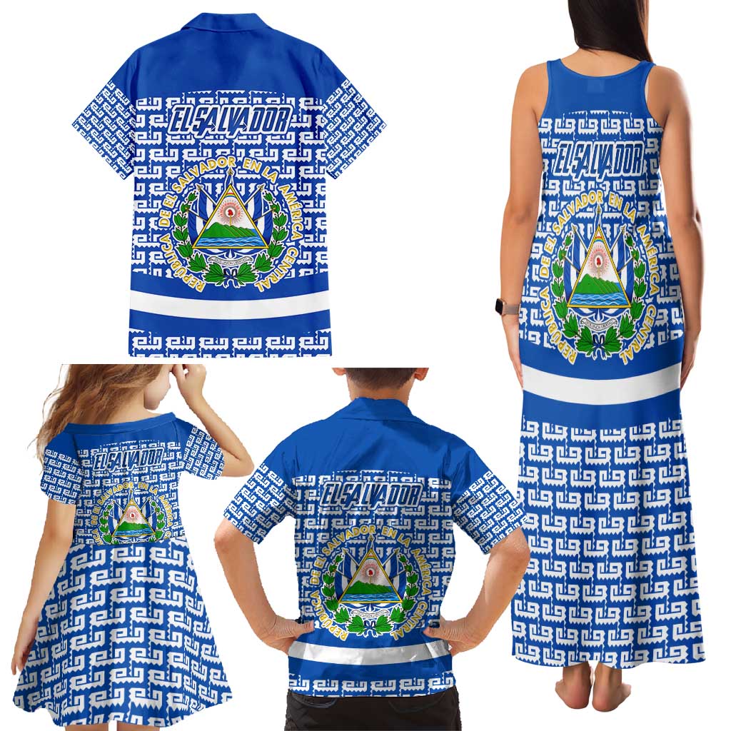 El Salvador Tribal Pattern Family Matching Tank Maxi Dress and Hawaiian Shirt with National Coat of Arms and Blue White Theme - Wonder Print Shop