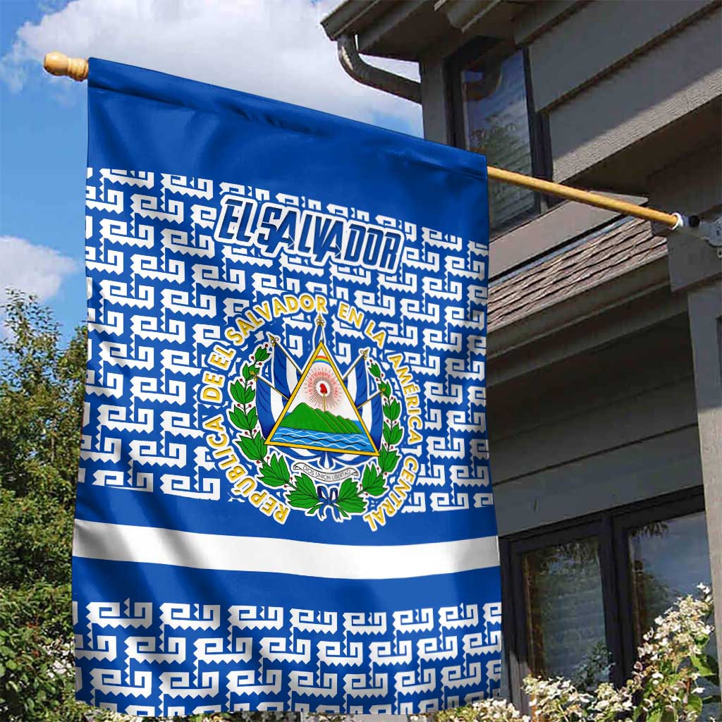El Salvador Tribal Pattern Garden Flag with National Coat of Arms and Blue White Theme - Wonder Print Shop