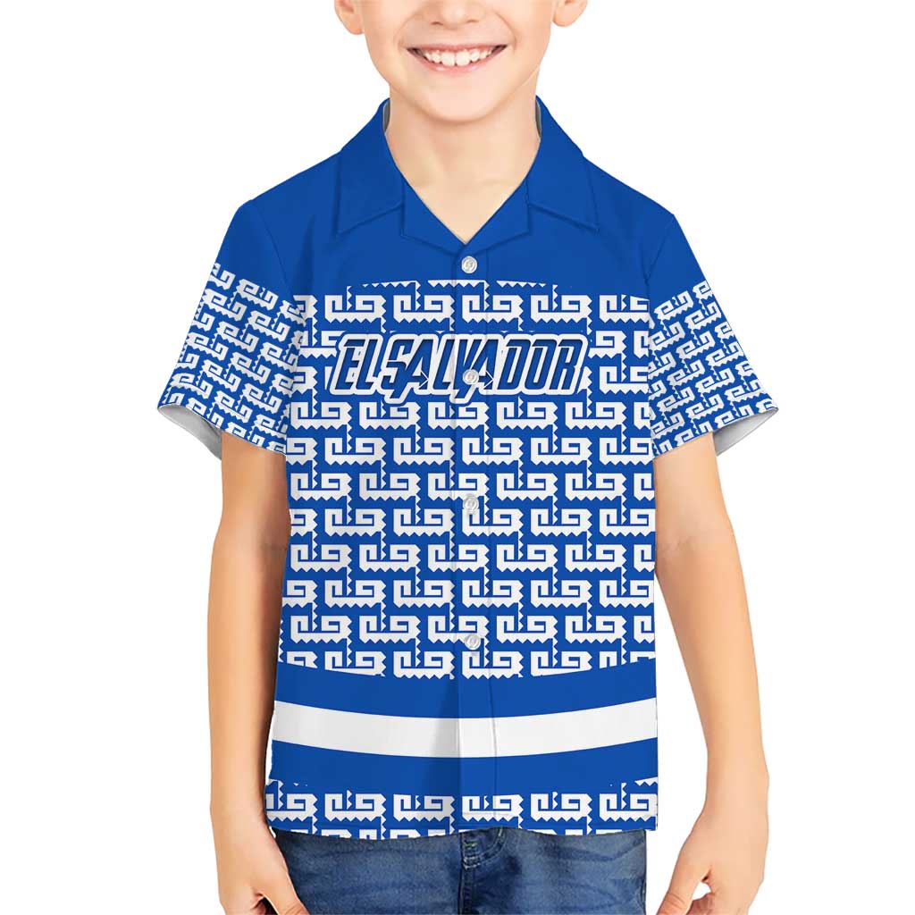 El Salvador Tribal Pattern Kid Hawaiian Shirt with National Coat of Arms and Blue White Theme - Wonder Print Shop