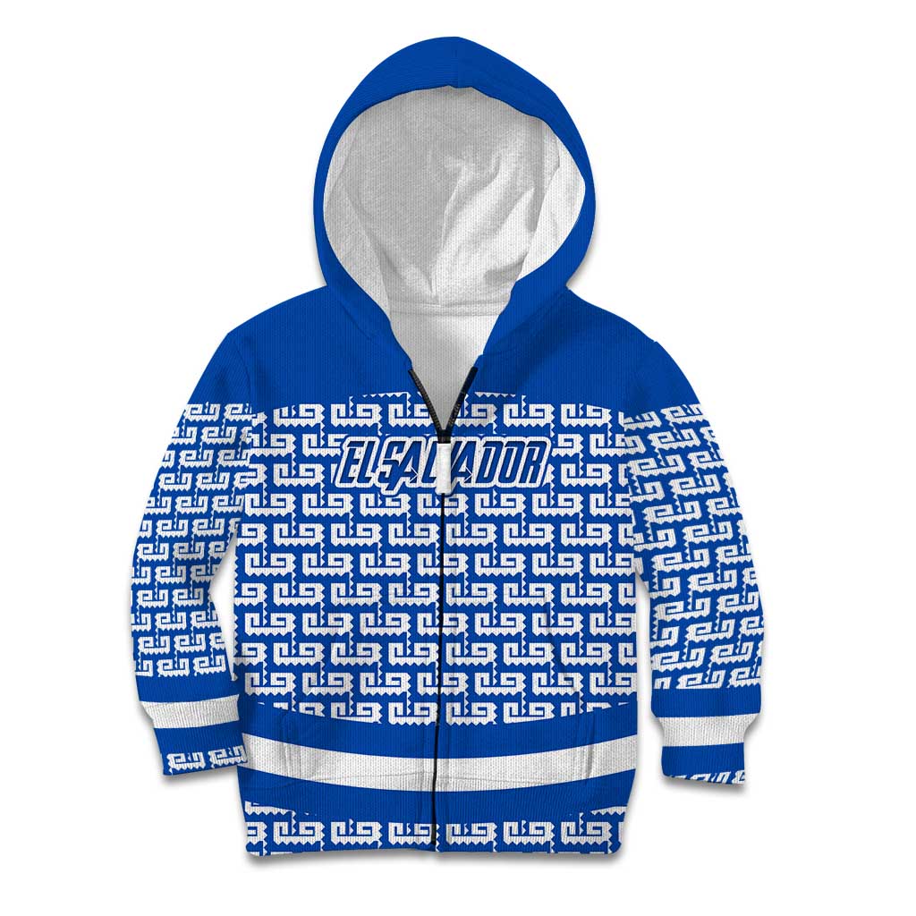 El Salvador Tribal Pattern Kid Hoodie with National Coat of Arms and Blue White Theme - Wonder Print Shop