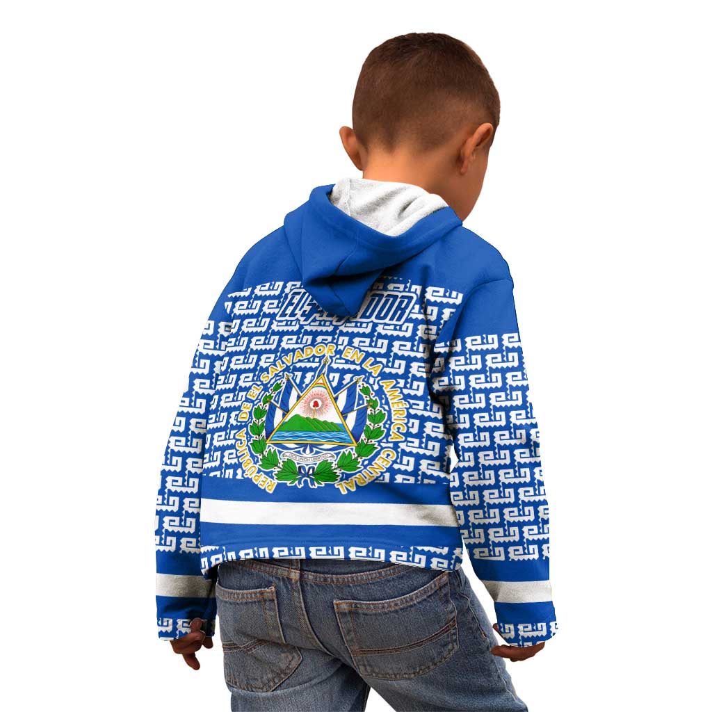 El Salvador Tribal Pattern Kid Hoodie with National Coat of Arms and Blue White Theme - Wonder Print Shop