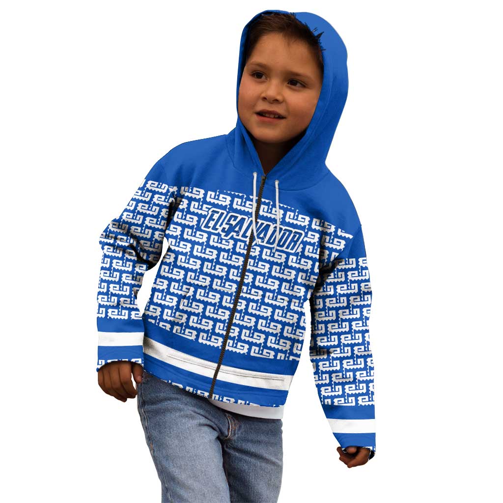 El Salvador Tribal Pattern Kid Hoodie with National Coat of Arms and Blue White Theme - Wonder Print Shop