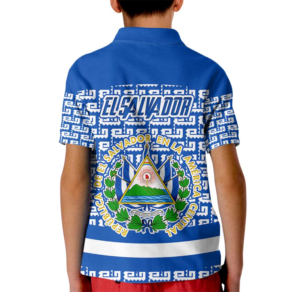 El Salvador Tribal Pattern Kid Polo Shirt with National Coat of Arms and Blue White Theme - Wonder Print Shop