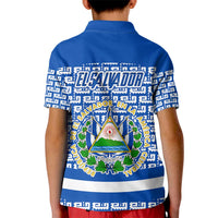 El Salvador Tribal Pattern Kid Polo Shirt with National Coat of Arms and Blue White Theme - Wonder Print Shop