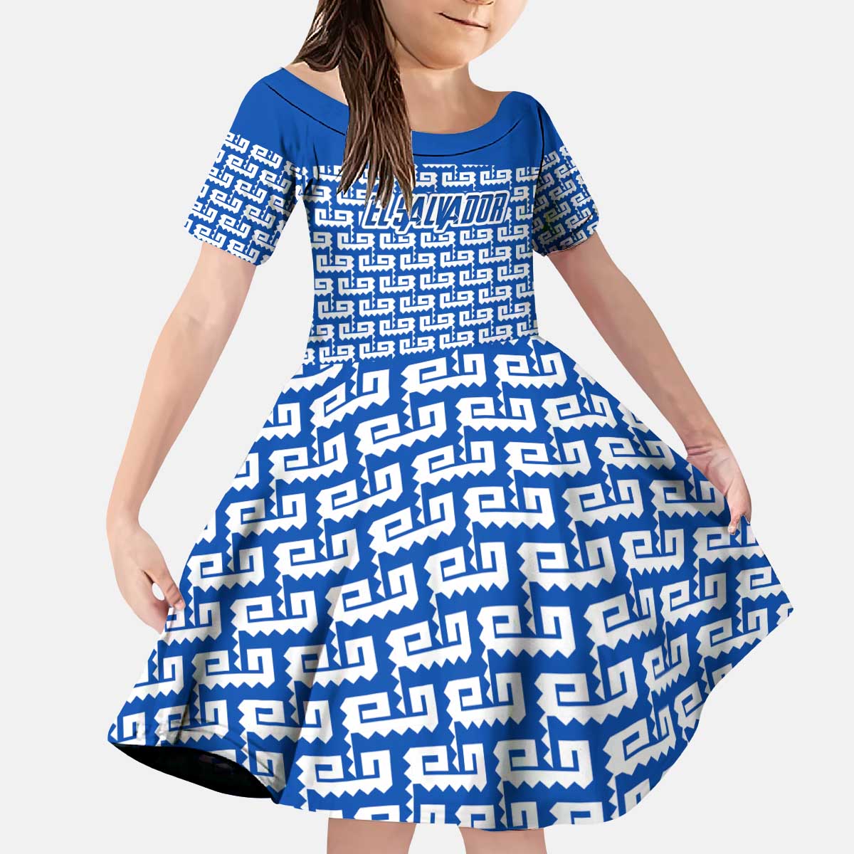 El Salvador Tribal Pattern Kid Short Sleeve Dress with National Coat of Arms and Blue White Theme - Wonder Print Shop