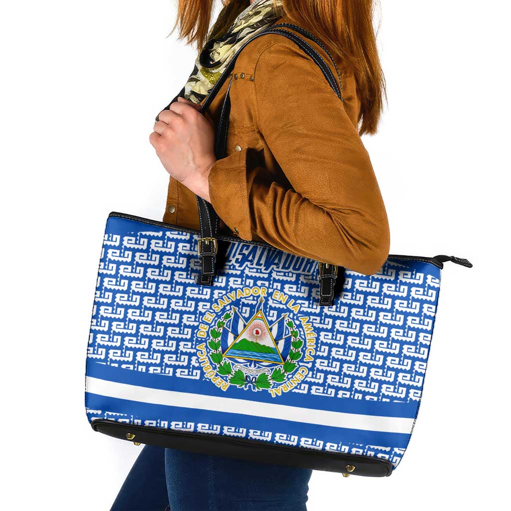 El Salvador Tribal Pattern Leather Tote Bag with National Coat of Arms and Blue White Theme - Wonder Print Shop