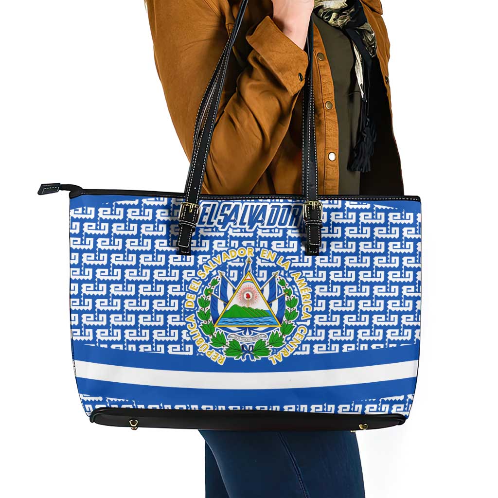 El Salvador Tribal Pattern Leather Tote Bag with National Coat of Arms and Blue White Theme - Wonder Print Shop