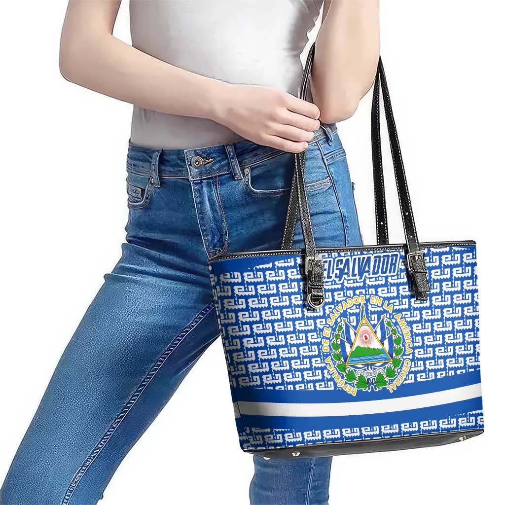 El Salvador Tribal Pattern Leather Tote Bag with National Coat of Arms and Blue White Theme - Wonder Print Shop