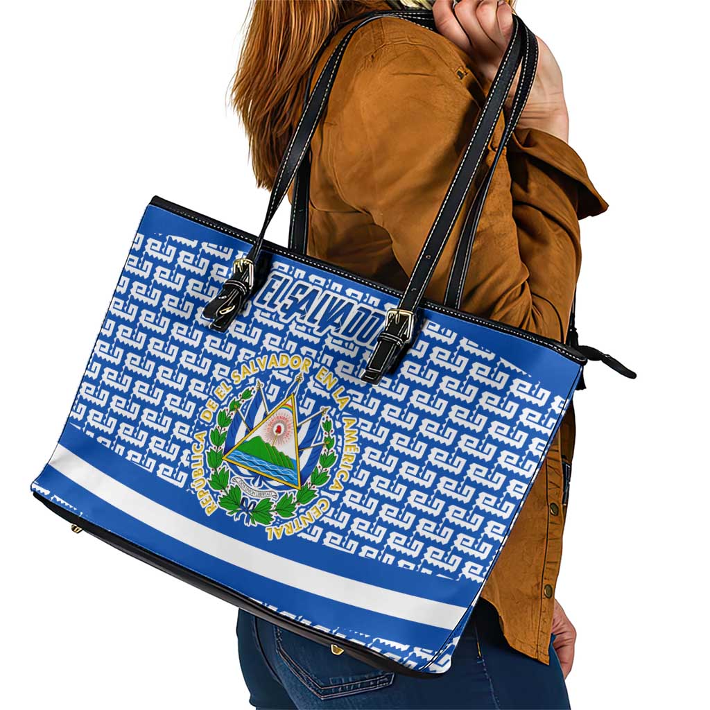El Salvador Tribal Pattern Leather Tote Bag with National Coat of Arms and Blue White Theme - Wonder Print Shop
