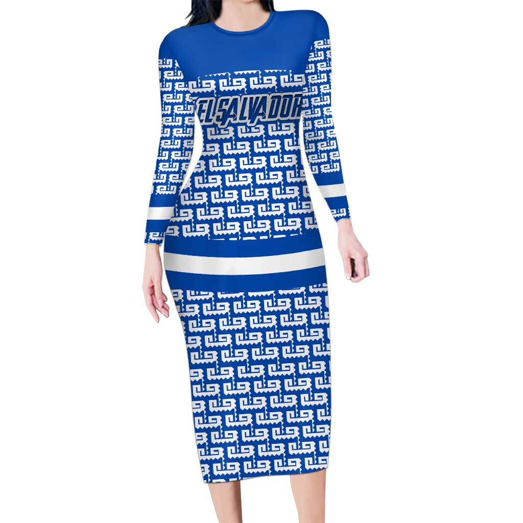 El Salvador Tribal Pattern Long Sleeve Bodycon Dress with National Coat of Arms and Blue White Theme - Wonder Print Shop