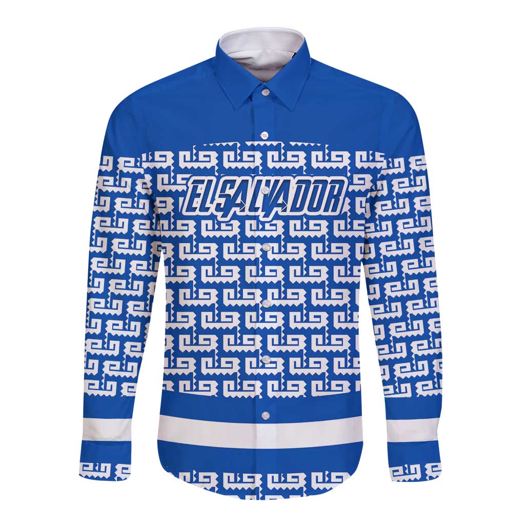 El Salvador Tribal Pattern Long Sleeve Button Shirt with National Coat of Arms and Blue White Theme - Wonder Print Shop