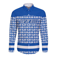 El Salvador Tribal Pattern Long Sleeve Button Shirt with National Coat of Arms and Blue White Theme - Wonder Print Shop