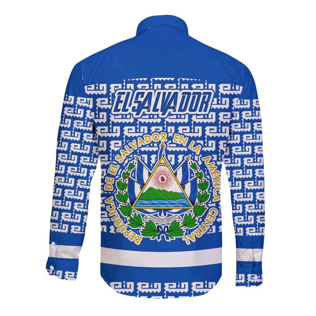 El Salvador Tribal Pattern Long Sleeve Button Shirt with National Coat of Arms and Blue White Theme - Wonder Print Shop