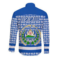 El Salvador Tribal Pattern Long Sleeve Button Shirt with National Coat of Arms and Blue White Theme - Wonder Print Shop