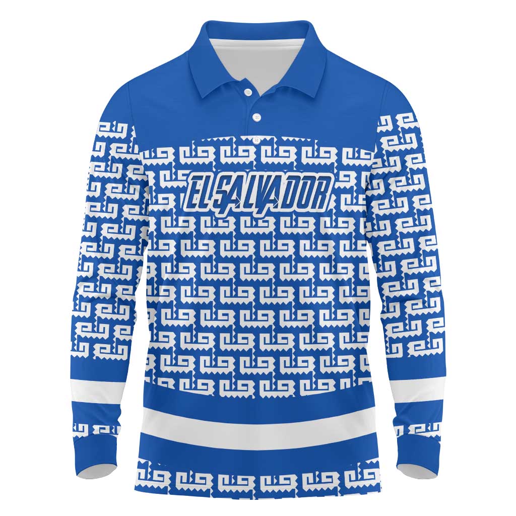 El Salvador Tribal Pattern Long Sleeve Polo Shirt with National Coat of Arms and Blue White Theme - Wonder Print Shop