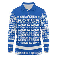 El Salvador Tribal Pattern Long Sleeve Polo Shirt with National Coat of Arms and Blue White Theme - Wonder Print Shop