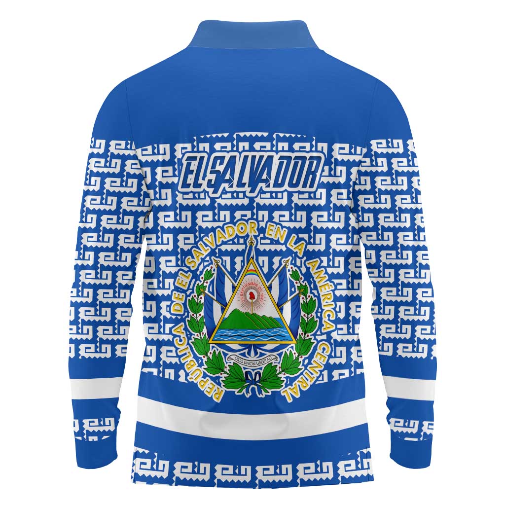 El Salvador Tribal Pattern Long Sleeve Polo Shirt with National Coat of Arms and Blue White Theme - Wonder Print Shop