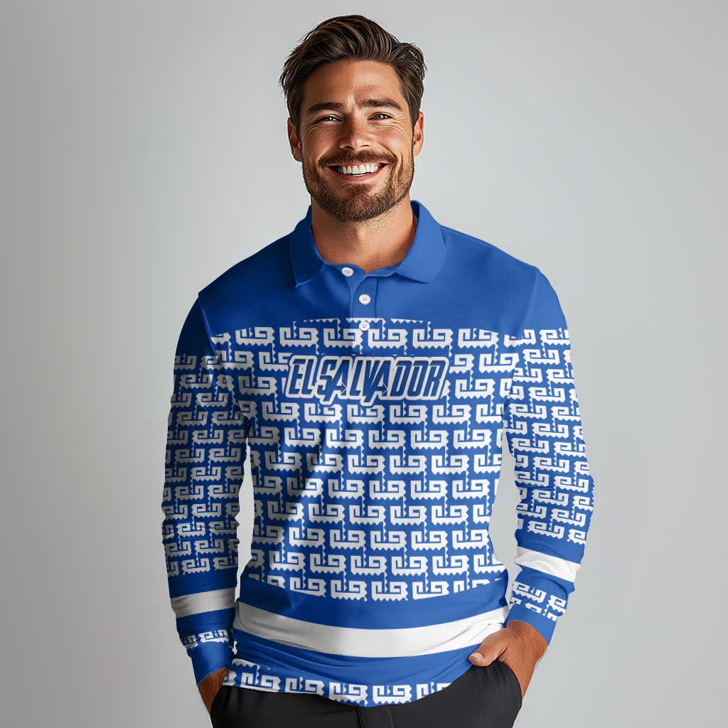 El Salvador Tribal Pattern Long Sleeve Polo Shirt with National Coat of Arms and Blue White Theme - Wonder Print Shop