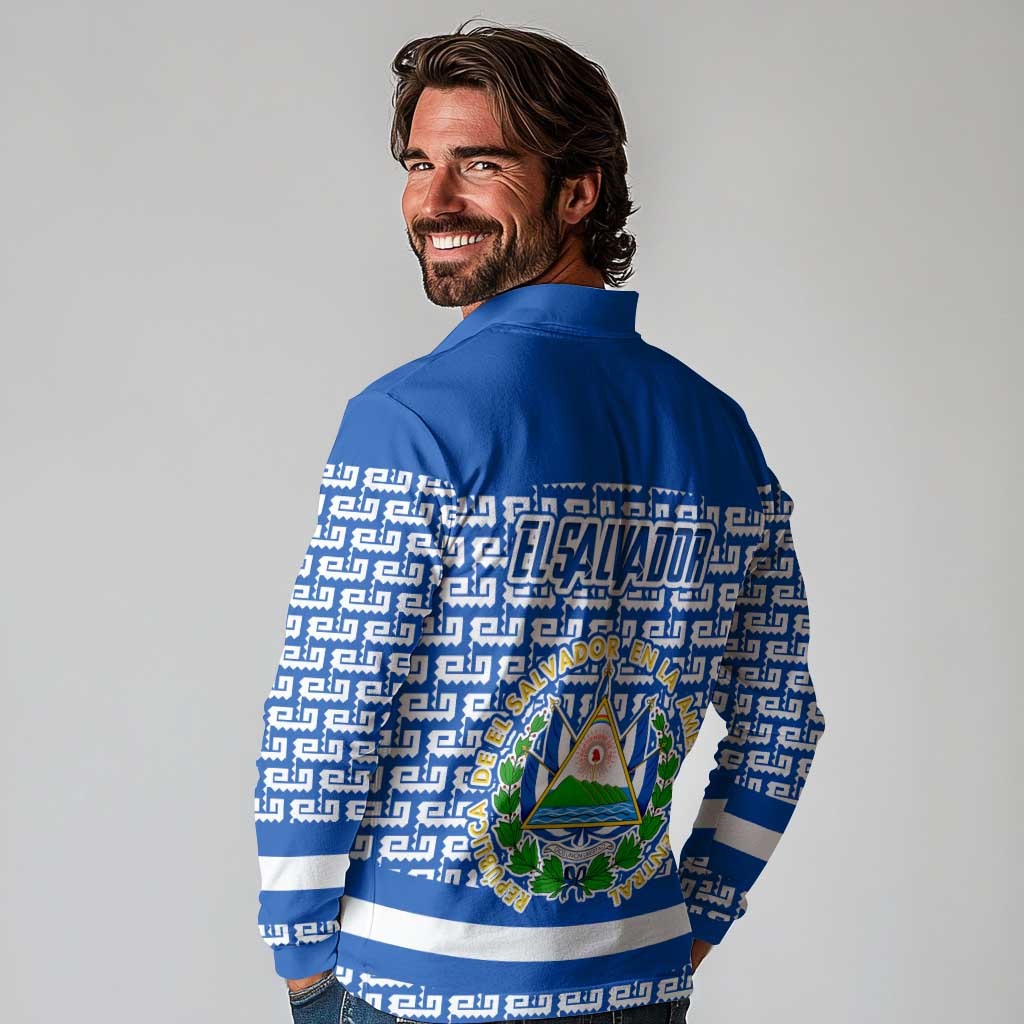 El Salvador Tribal Pattern Long Sleeve Polo Shirt with National Coat of Arms and Blue White Theme - Wonder Print Shop