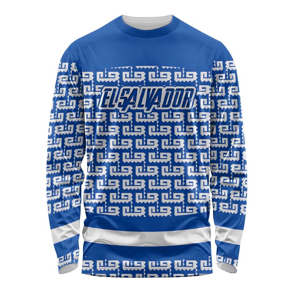 El Salvador Tribal Pattern Long Sleeve Shirt with National Coat of Arms and Blue White Theme - Wonder Print Shop