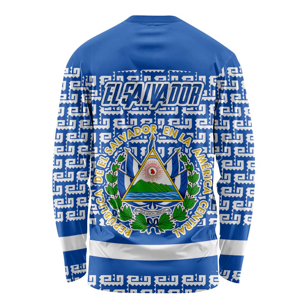 El Salvador Tribal Pattern Long Sleeve Shirt with National Coat of Arms and Blue White Theme - Wonder Print Shop