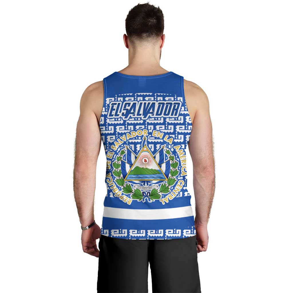 El Salvador Tribal Pattern Men Tank Top with National Coat of Arms and Blue White Theme - Wonder Print Shop