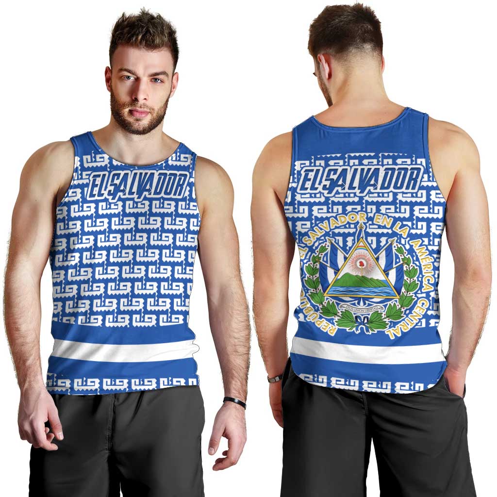 El Salvador Tribal Pattern Men Tank Top with National Coat of Arms and Blue White Theme - Wonder Print Shop