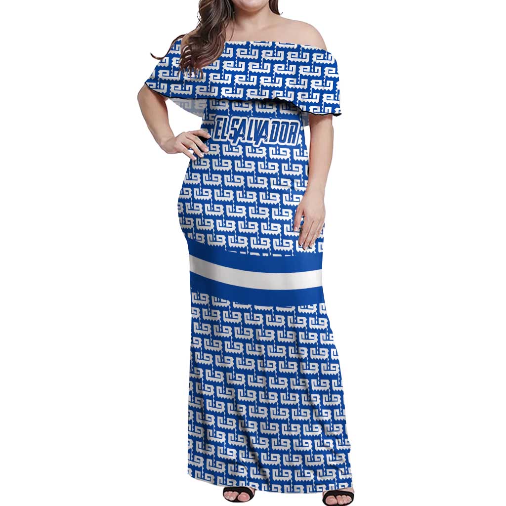 El Salvador Tribal Pattern Off Shoulder Maxi Dress with National Coat of Arms and Blue White Theme - Wonder Print Shop