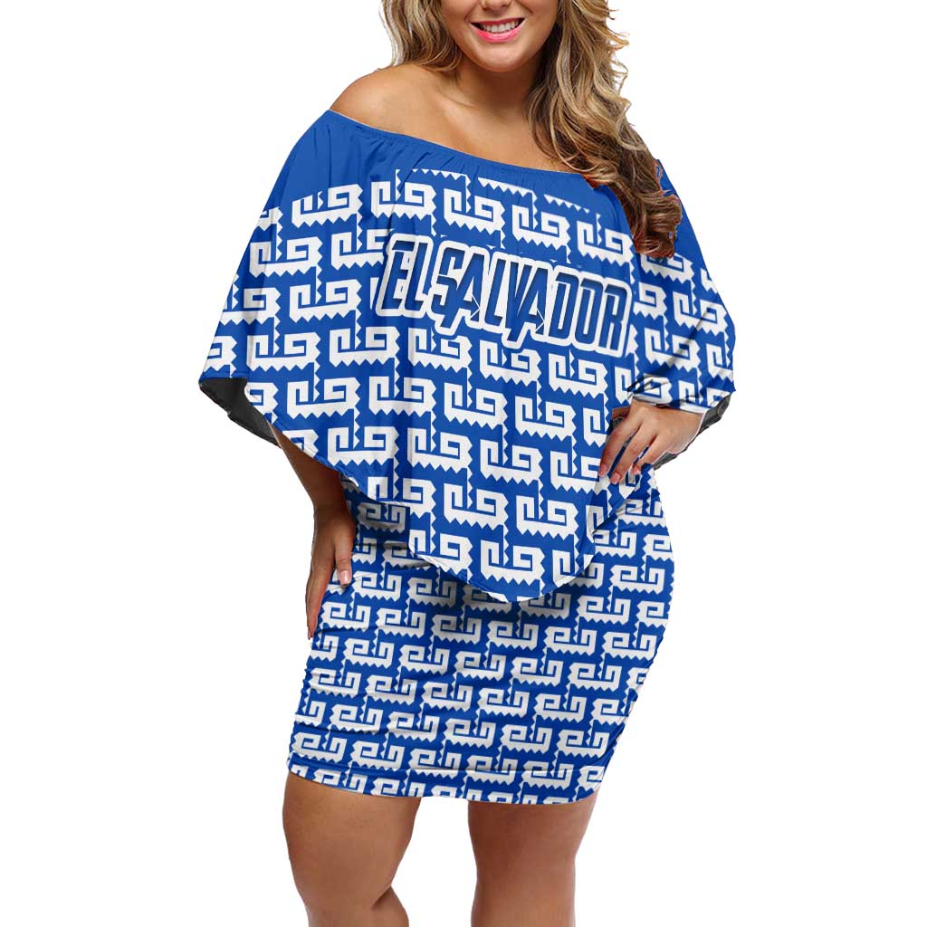 El Salvador Tribal Pattern Off Shoulder Short Dress with National Coat of Arms and Blue White Theme - Wonder Print Shop