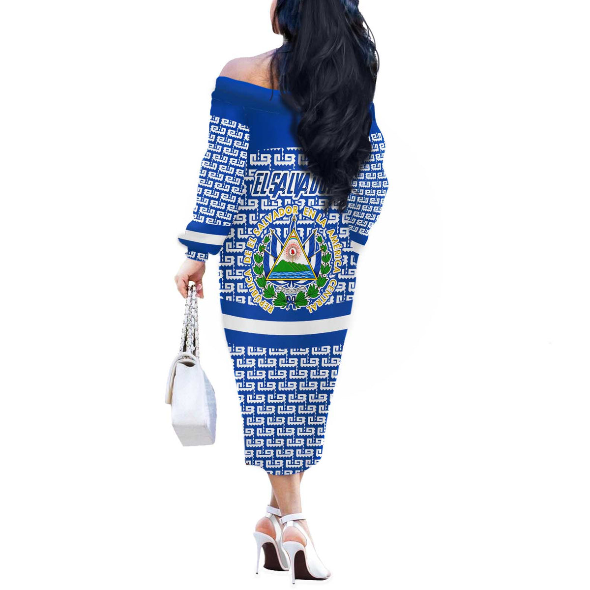 El Salvador Tribal Pattern Off The Shoulder Long Sleeve Dress with National Coat of Arms and Blue White Theme - Wonder Print Shop