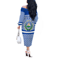 El Salvador Tribal Pattern Off The Shoulder Long Sleeve Dress with National Coat of Arms and Blue White Theme - Wonder Print Shop