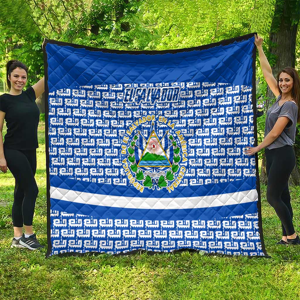 El Salvador Tribal Pattern Quilt with National Coat of Arms and Blue White Theme - Wonder Print Shop